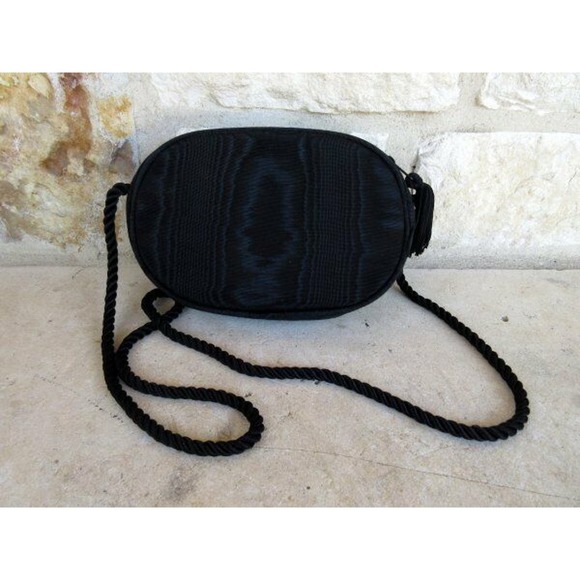 Monet Black Satin Evening Purse Crossbody Handbag Rope Strap Gold Pin - Picture 3 of 6